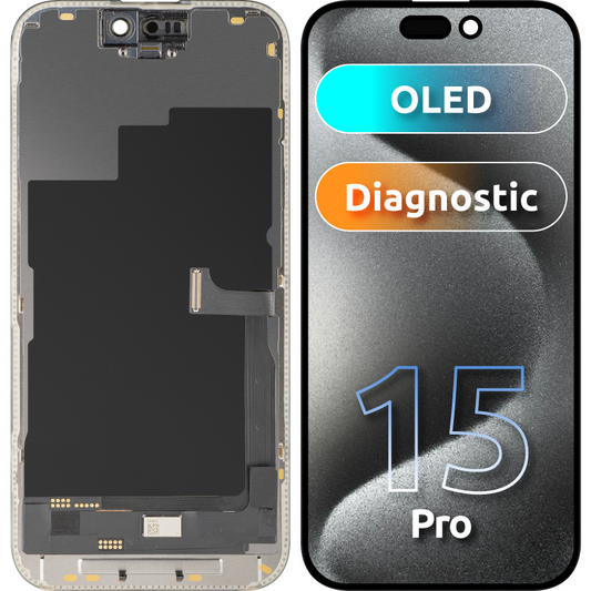 Display met Touchscreen MP compatibel met Apple iPhone 15 Pro, met Frame, OLED FHD Diagnostische Versie, Zwart