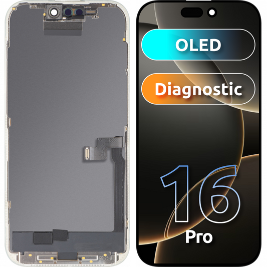 Display mit MP Touchscreen kompatibel mit Apple iPhone 16 Pro, mit Rahmen, OLED FHD Diagnostic Version, Schwarz