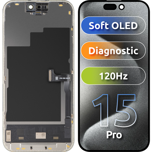 Display met Touchscreen MP compatibel met Apple iPhone 15 Pro, met Frame, Soft OLED FHD 120Hz Diagnostic Versie, Zwart