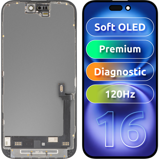 Écran tactile MP compatible avec Apple iPhone 16, avec cadre, version Premium Soft OLED FHD 120Hz Diagnostic, noir