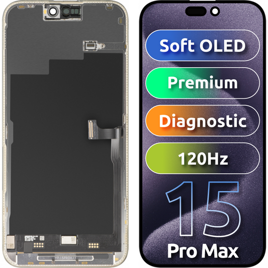 MP Touchscreen Display compatibel met Apple iPhone 15 Pro Max, met Frame, Premium Soft OLED FHD 120Hz Diagnostic Versie, Zwart