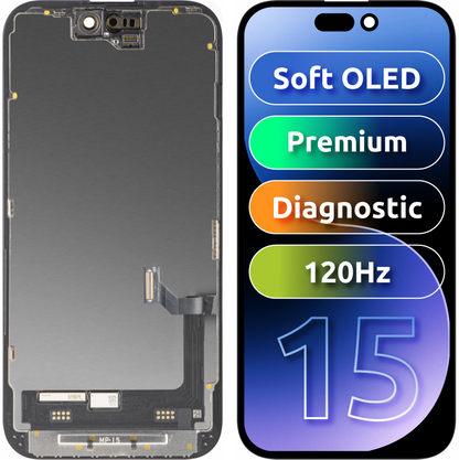 MP Touchscreen Display compatible with Apple iPhone 15, with Frame, Premium Soft OLED FHD 120Hz Diagnostic Version, Black
