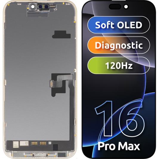 MP Touchscreen Display compatibel met Apple iPhone 16 Pro Max, met Frame, Soft OLED FHD Diagnostic Versie, Zwart