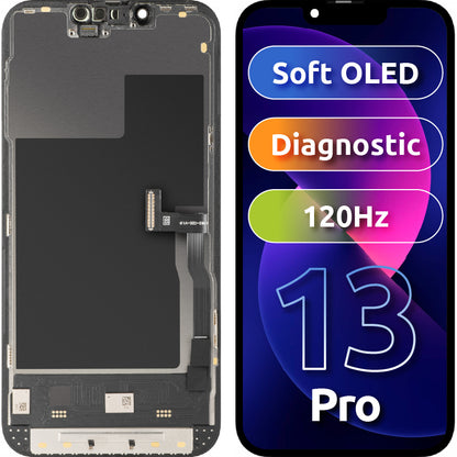 Display mit MP Touchscreen kompatibel mit Apple iPhone 13 Pro, mit Rahmen, Soft OLED 120Hz FHD Diagnostic Version, Schwarz