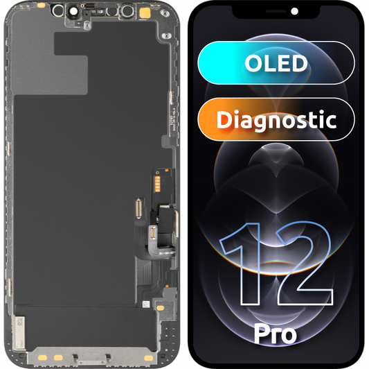 Écran avec écran tactile MP compatible avec Apple iPhone 12 / 12 Pro, avec cadre, Version OLED Diagnostic, Noir