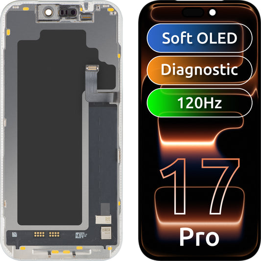 MP Touchscreen Display compatibel met Apple iPhone 17 Pro, met Frame, Soft OLED FHD 120Hz Diagnostic Versie, Zwart