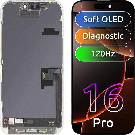 Écran tactile MP compatible avec Apple iPhone 16 Pro, avec cadre, version logicielle OLED FHD 120Hz Diagnostic, noir