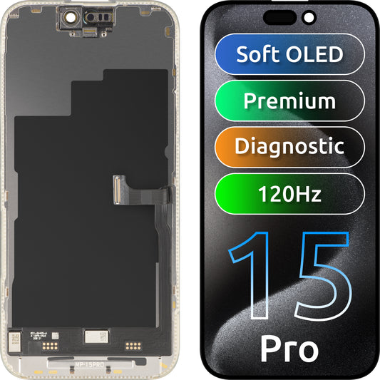 Écran tactile MP compatible avec Apple iPhone 15 Pro, avec cadre, version Premium Soft OLED FHD 120Hz Diagnostic, noir