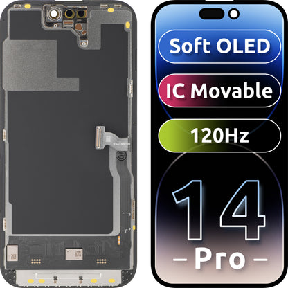 Écran tactile MP compatible avec Apple iPhone 14 Pro, avec cadre, version Soft OLED IC Movable 120Hz FHD, Noir