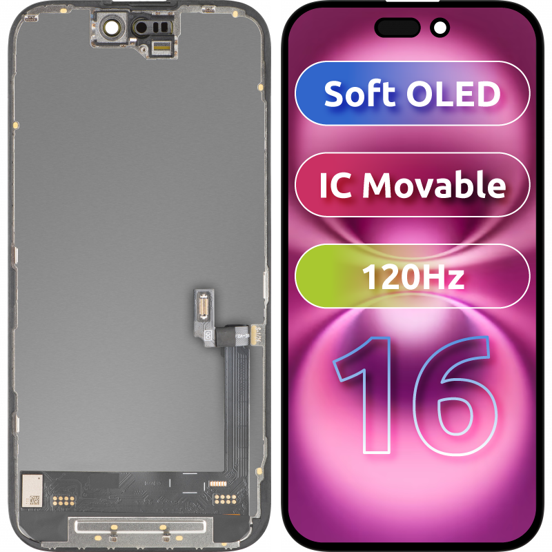 Écran tactile MP compatible avec Apple iPhone 16, avec cadre, version Soft OLED FHD 120Hz IC Movable, Noir