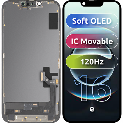 MP Touchscreen-Display kompatibel mit Apple iPhone 17e / 16e, mit Rahmen, Soft OLED FHD 120Hz IC Movable Version, Schwarz