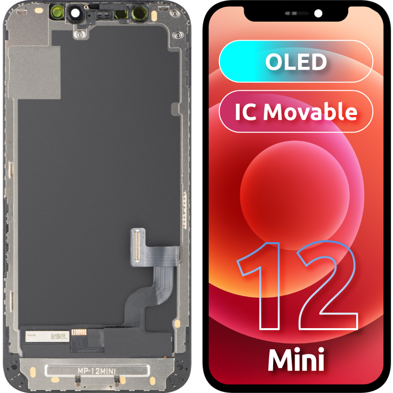 MP Touchscreen Display compatibel met Apple iPhone 12 mini, met Frame, OLED FHD IC Movable versie, Zwart