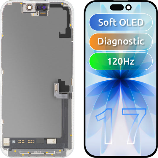 MP Touchscreen Display compatibel met Apple iPhone 17, met Frame, Soft OLED FHD 120Hz Diagnostic Versie, Zwart