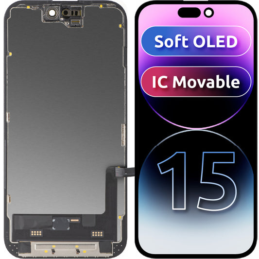 Display met Touchscreen MP compatibel met Apple iPhone 15, met Frame, Soft OLED FHD IC Movable Versie, Zwart