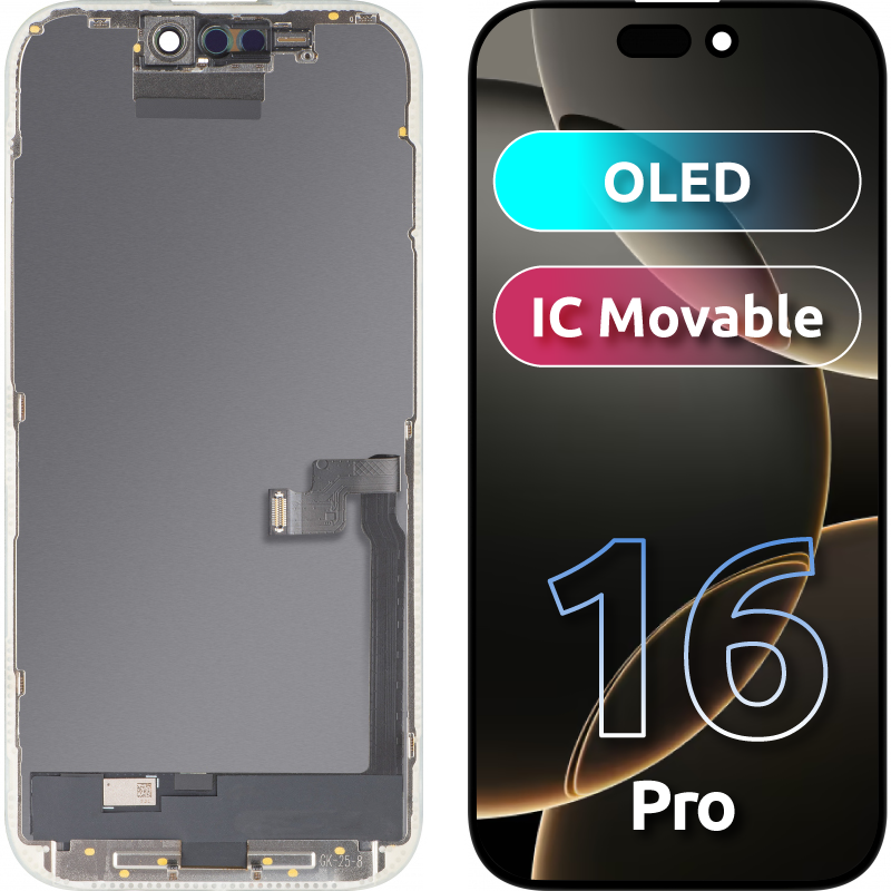 Display mit MP Touchscreen kompatibel mit Apple iPhone 16 Pro, mit Rahmen, OLED FHD IC Movable Version, Schwarz