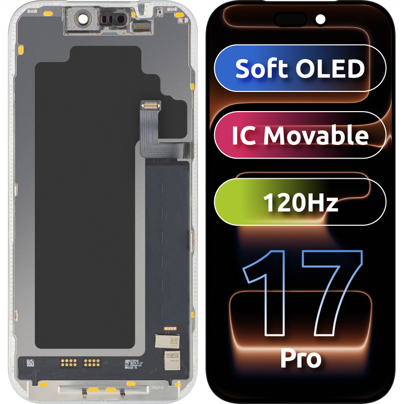 MP Touchscreen-Display kompatibel mit Apple iPhone 17 Pro, mit Rahmen, Soft OLED FHD 120Hz IC Movable Version, Schwarz