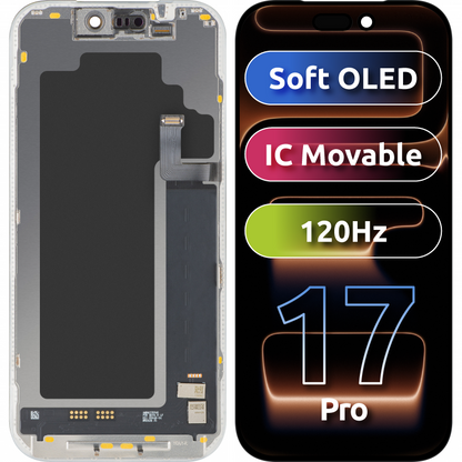 MP Touchscreen-Display kompatibel mit Apple iPhone 17 Pro, mit Rahmen, Soft OLED FHD 120Hz IC Movable Version, Schwarz