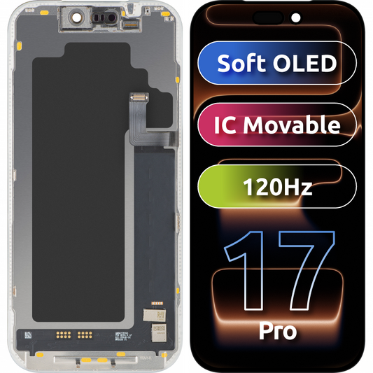 MP Touchscreen Display compatibel met Apple iPhone 17 Pro, met Frame, Soft OLED FHD 120Hz IC Verplaatsbaar Versie, Zwart