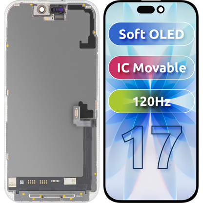 MP Touchscreen-Display kompatibel mit Apple iPhone 17, mit Rahmen, Soft OLED FHD 120Hz IC Movable Version, Schwarz