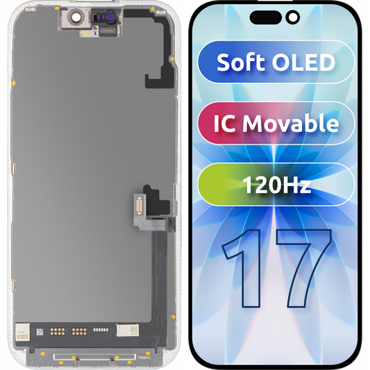 MP Touchscreen Display compatibel met Apple iPhone 17, met Frame, Soft OLED FHD 120Hz IC Verplaatsbaar Versie, Zwart