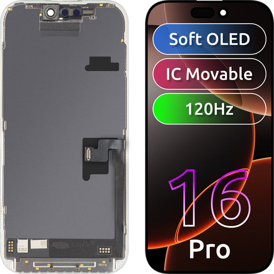 Display met Touchscreen MP compatibel met Apple iPhone 16 Pro, met Frame, Soft OLED FHD 120Hz IC Movable Versie, Zwart