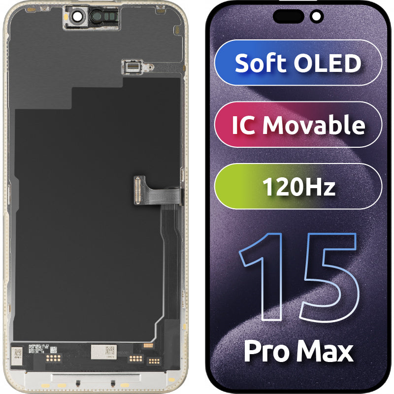 Display met Touchscreen MP compatibel met Apple iPhone 15 Pro Max, met Frame, Soft OLED IC Movable 120Hz FHD Versie, Zwart