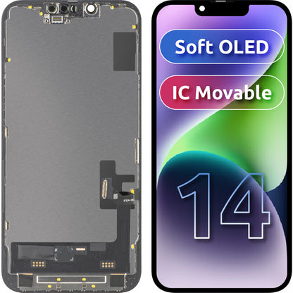 Display met Touchscreen MP compatibel met Apple iPhone 14, met Frame, Soft OLED IC Movable FHD Versie, Zwart