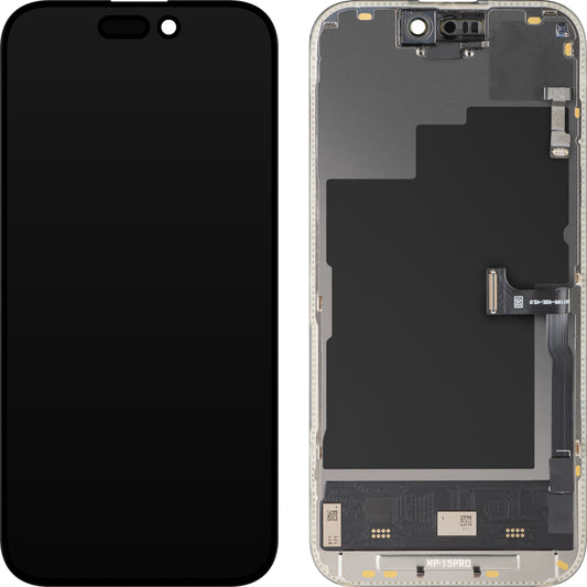 Écran tactile avec capteur de proximité MP compatible avec Apple iPhone 15 Pro, avec cadre, version logicielle OLED FHD 120Hz Diagnostic, noir