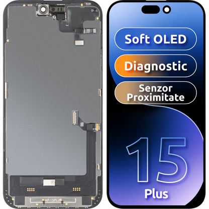 Touchscreen-Display mit MP-Näherungssensor kompatibel mit Apple iPhone 15 Plus, mit Rahmen, OLED FHD Diagnostic Softwareversion, Schwarz
