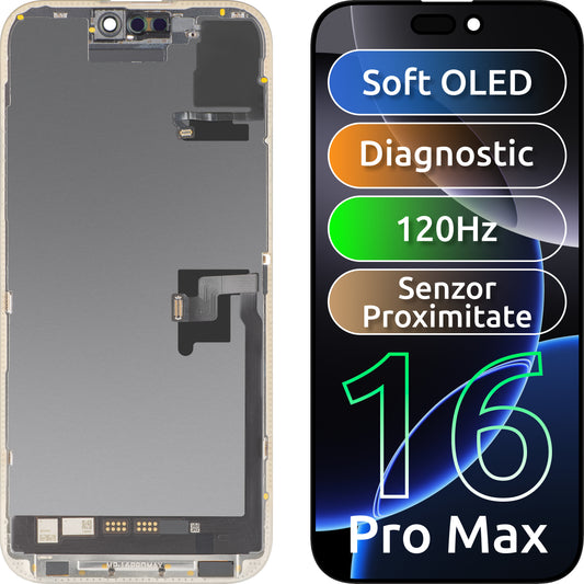 Écran tactile avec capteur de proximité MP compatible avec Apple iPhone 16 Pro Max, avec cadre, version logicielle OLED FHD 120Hz Diagnostic, noir