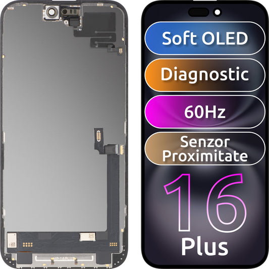 Écran tactile avec capteur de proximité MP compatible avec Apple iPhone 16 Plus, avec cadre, version logicielle OLED FHD Diagnostic, noir