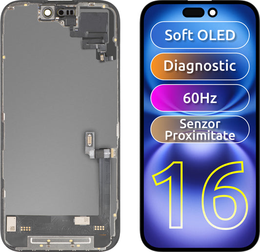 Écran avec écran tactile et capteur de proximité MP compatible avec Apple iPhone 16, avec cadre, version logicielle OLED FHD Diagnostic, noir