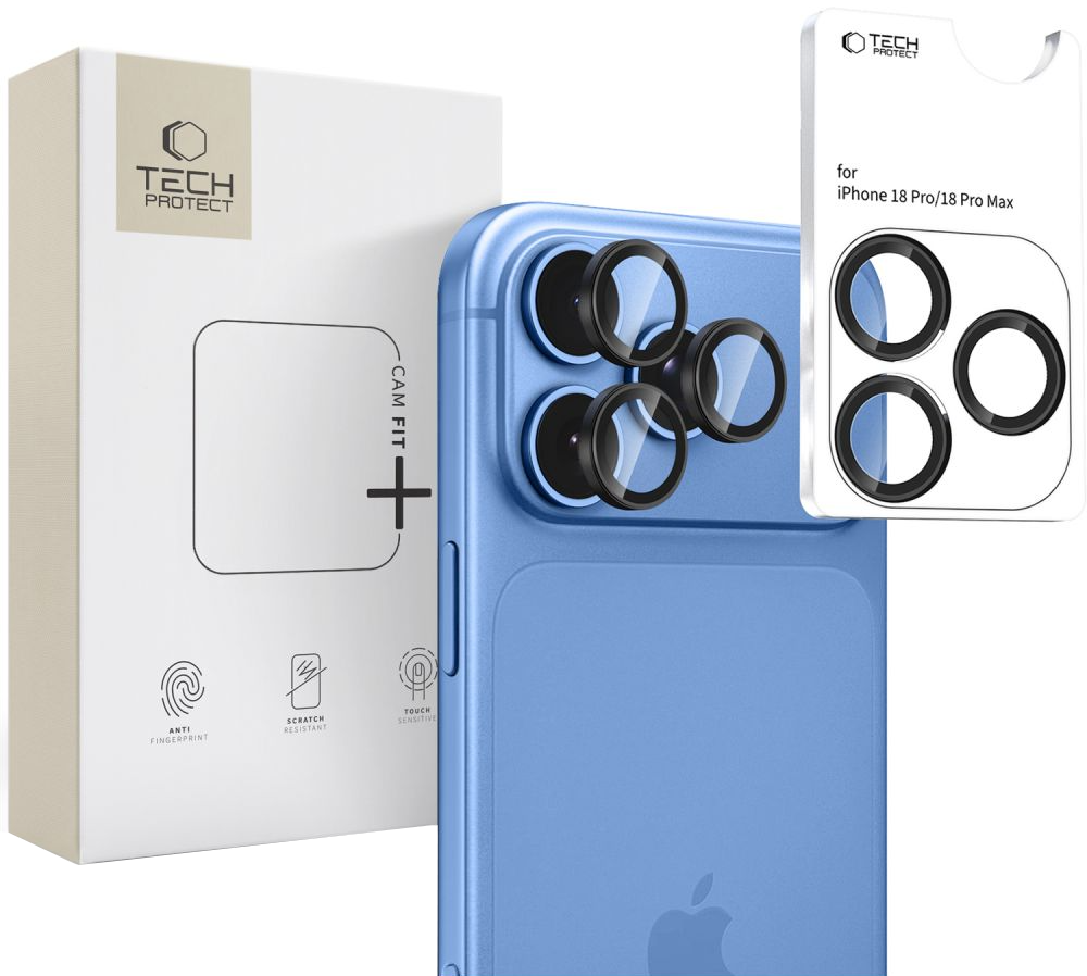 Beschermfolie Achtercamera Tech-Protect CamRing Fit+ voor Apple iPhone 18 Pro / 18 Pro Max, Gehard Glas, Zwart