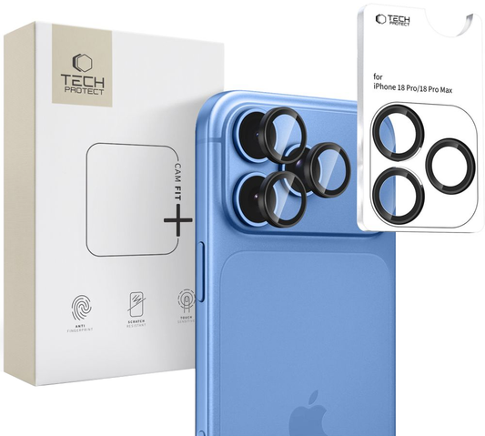 Film de protection pour caméra arrière Tech-Protect CamRing Fit+ pour Apple iPhone 18 Pro / 18 Pro Max, Verre trempé, Noir