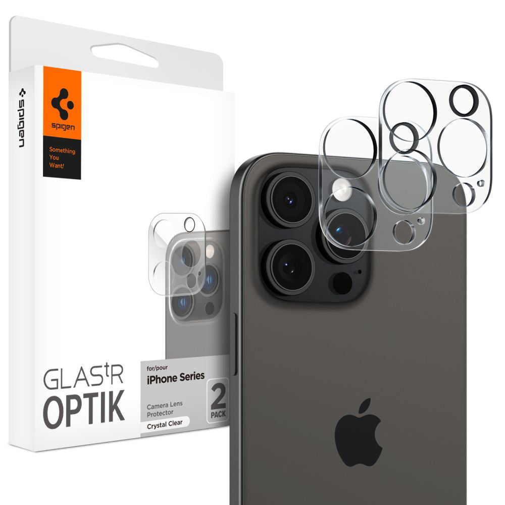 Spigen Optik Camera Beschermende Film Achterzijde voor Apple iPhone 15 Pro Max / 15 Pro, Glasbeschermd, Volledig Gelijmd, Set 2 stuks, Transparant