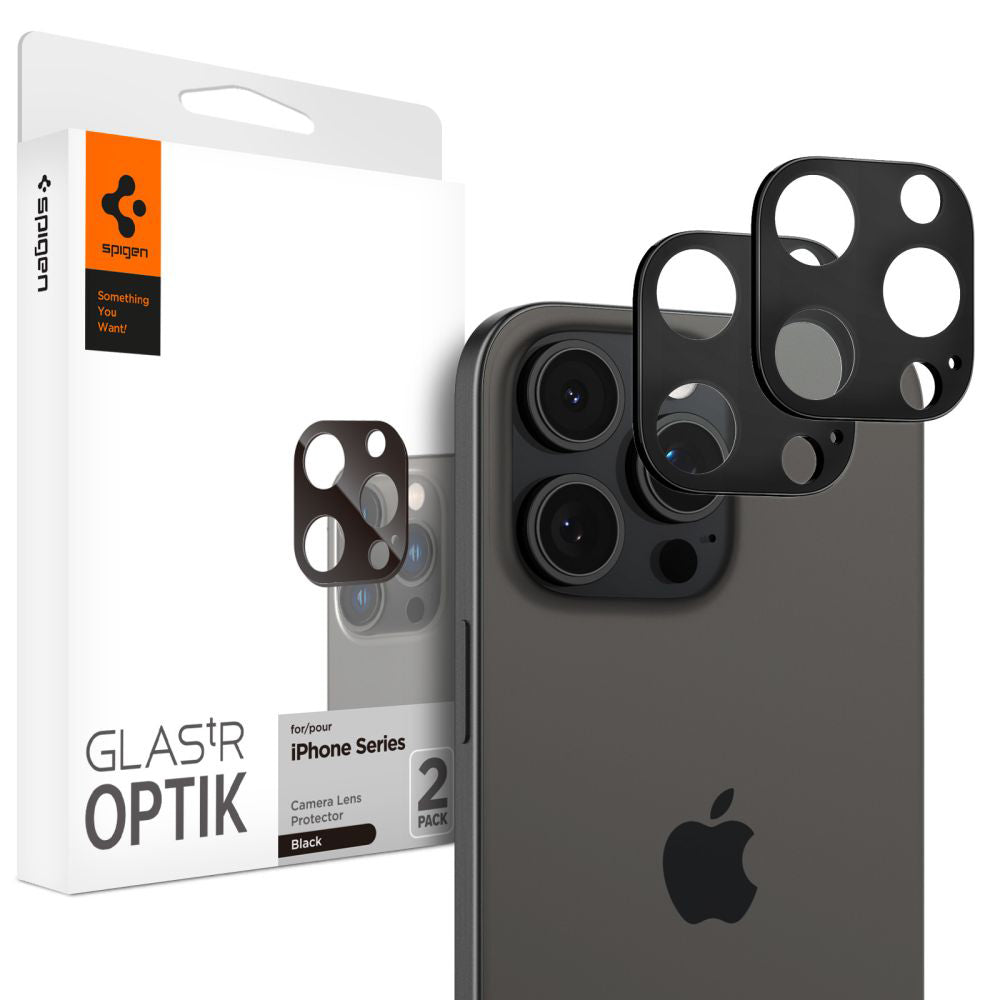 Spigen Optik Beschermfolie voor Achtercamera van Apple iPhone 15 Pro Max / 15 Pro, Glasbeschermd, Volledig gelijmd, Set 2 stuks, Zwart AGL05273 