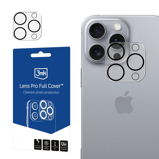 Film de protection pour caméra arrière 3MK Pro Full Cover pour Apple iPhone 16 Pro Max / 16 Pro, Verre trempé, Noir