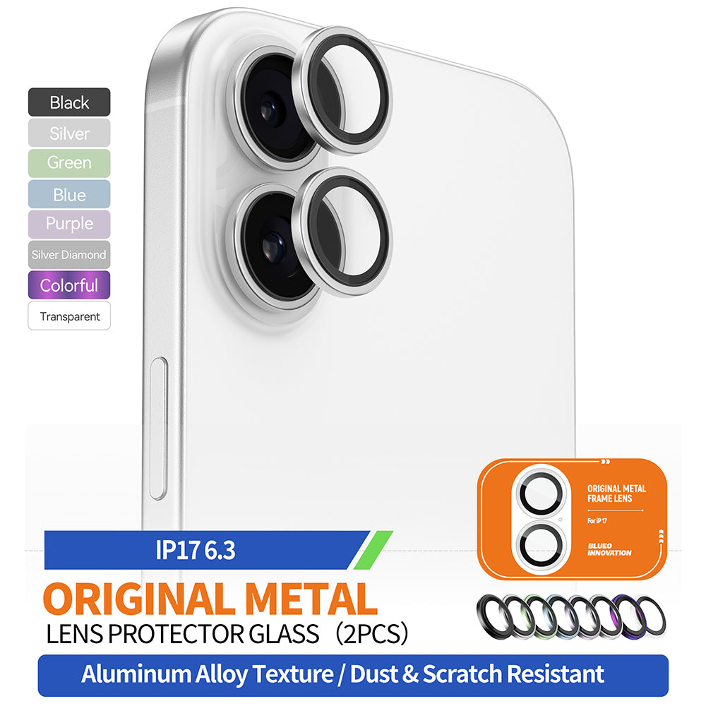 Beschermfolie Achtercamera Blueo Glitter Diamond Metal Frame voor Apple iPhone 17, Gehard Glas, Zilverkleurig
