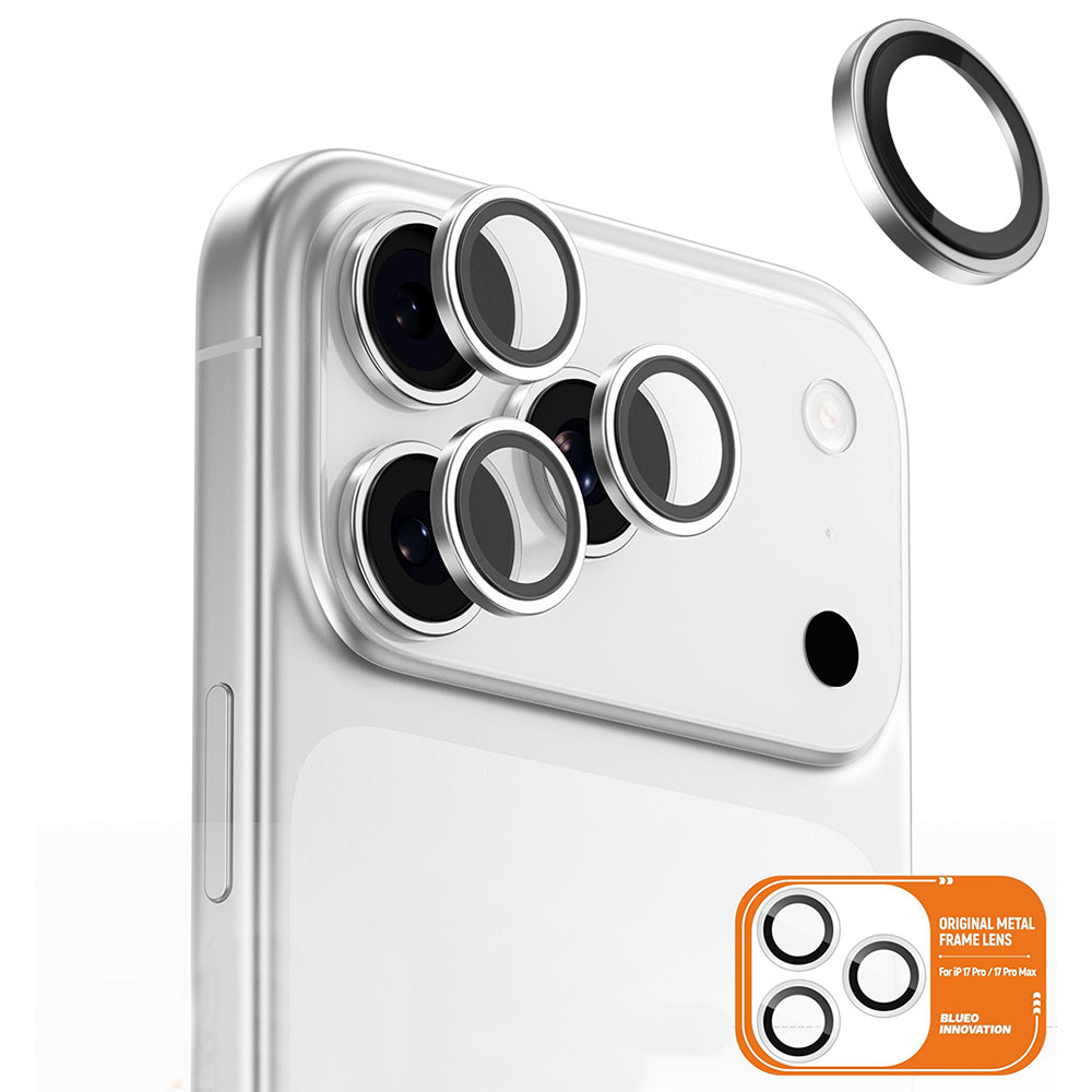 Film de protection Caméra Arrière Blueo Metal Frame pour Apple iPhone 17 Pro Max / 17 Pro, Verre Trempé, Argenté