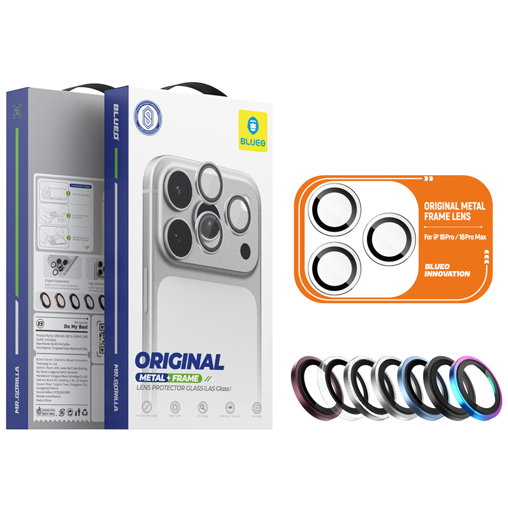 Blueo Metal Frame-beschermfolie voor de achtercamera van Apple iPhone 18 Pro / 18 Pro Max, gehard glas, zwart
