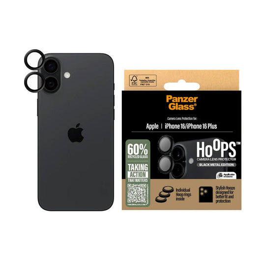 Film de protection Caméra Arrière PanzerGlass Hoops pour Apple iPhone 16 Plus / 16, Verre Trempé, Noir