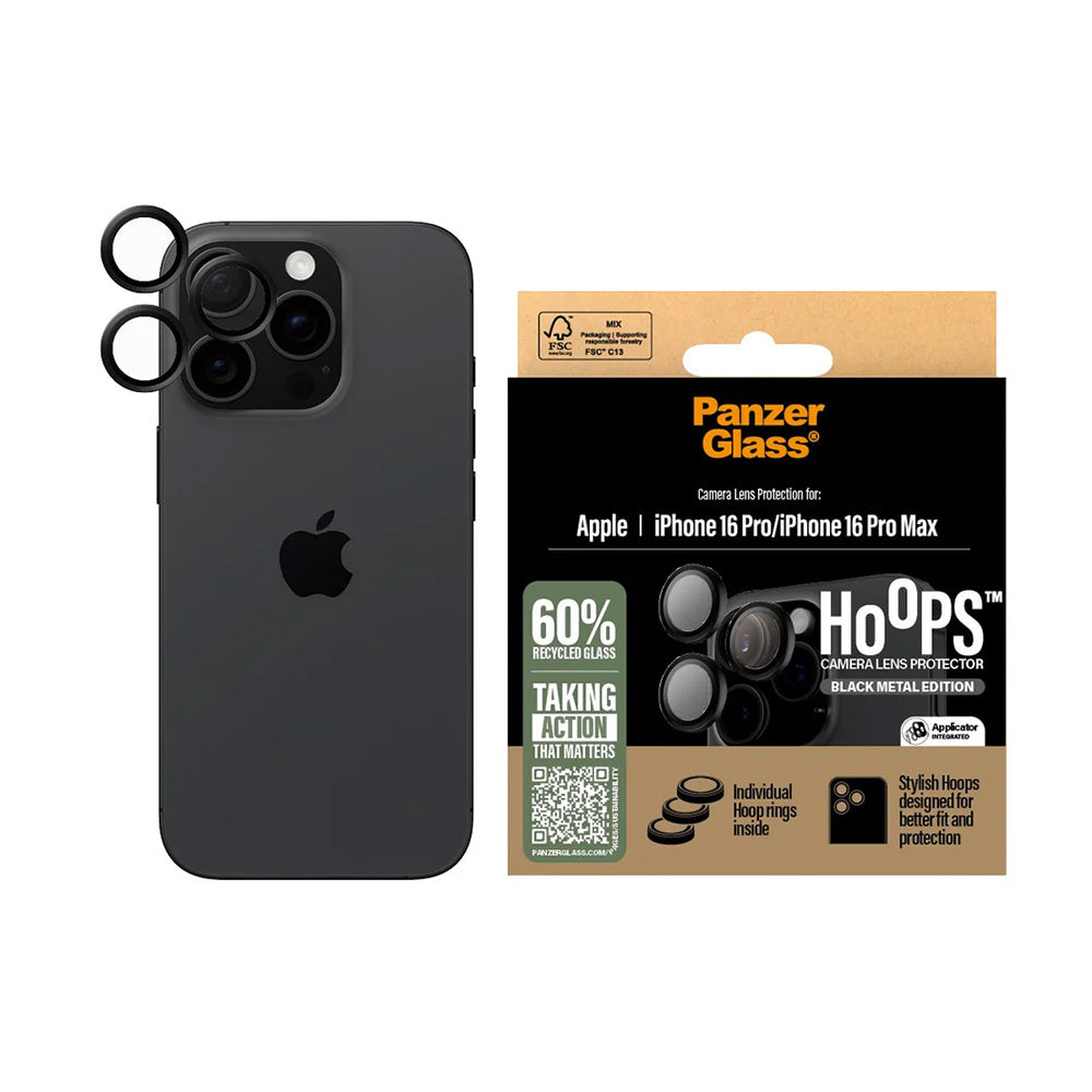 Film de protection pour caméra arrière PanzerGlass Hoops pour Apple iPhone 16 Pro Max / 16 Pro, Verre Trempé, Noir.