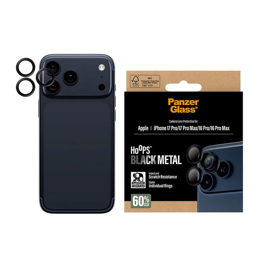 Schutzfolie PanzerGlass Hoops für die Rückkamera des Apple iPhone 17 Pro Max / 17 Pro / 16 Pro Max / 16 Pro, gehärtetes Glas, Schwarz