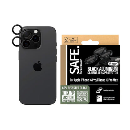 Beschermfolie PanzerGlass Safe voor de achtercamera. voor Apple iPhone 16 Pro Max / 16 Pro, Gehard Glas, Zwart.