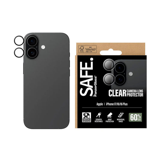 Beschermfolie PanzerGlass Safe voor de achtercamera. voor Apple iPhone 17 / 16 Plus / 16, Gehard Glas, Transparant