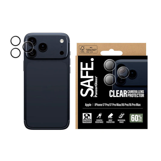 Schutzfolie PanzerGlass Safe für die Rückkamera. für Apple iPhone 17 Pro Max / 17 Pro / 16 Pro Max / 16 Pro, gehärtetes Glas, Transparent.