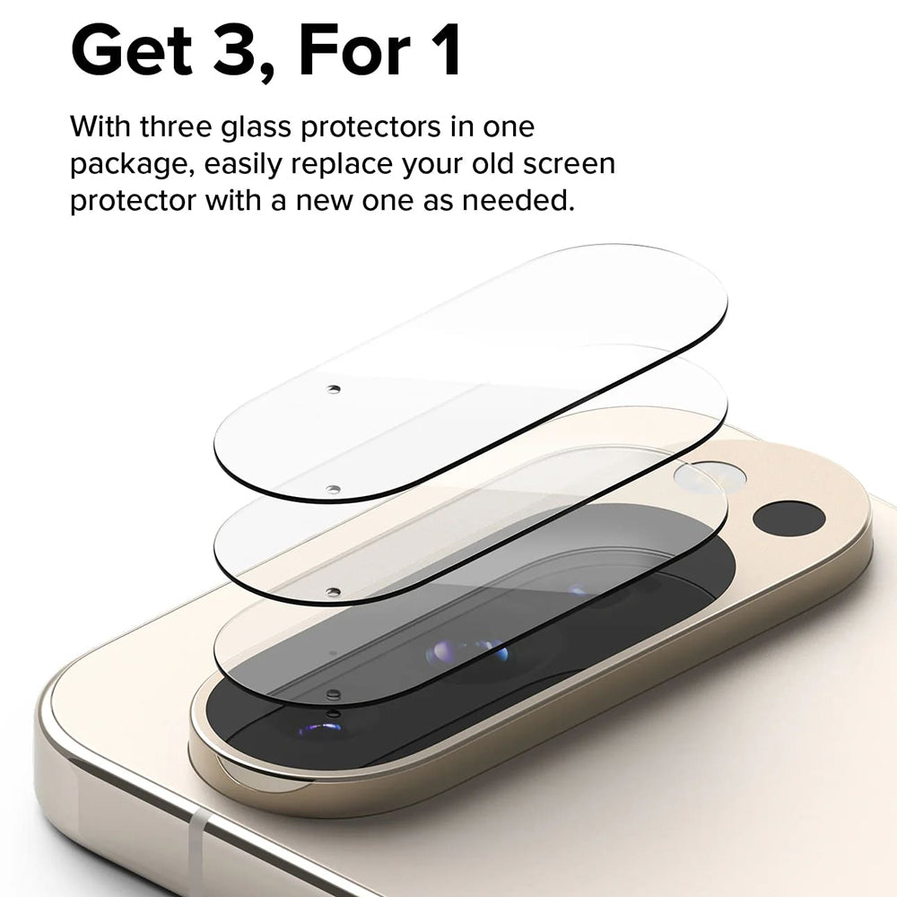 Beschermfolie Ringke Achtercamera voor Google Pixel 9 Pro XL, Gehard Glas, Set van 3 Stuks, Transparant