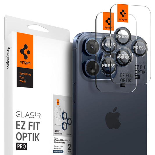 Beschermfolie Achtercamera Spigen GlastR EZ FIT Optik Pro voor Apple iPhone 16 Pro Max / 16 Pro, Gehard Glas, Set van 2 stuks, Blauw