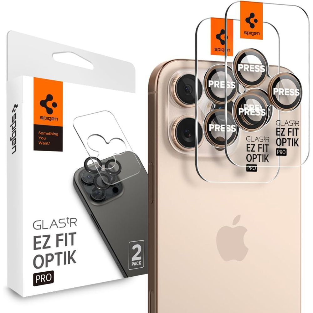 Schutzfolie für die Rückkamera Spigen GlastR EZ FIT Optik Pro für Apple iPhone 16 Pro, gehärtetes Glas, Set mit 2 Stück, Bronze AGL08862