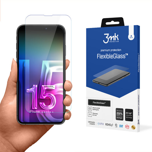 3MK FlexibleGlass schermbeschermfolie voor Apple iPhone 15 Pro, Flexibel Glas, Volledige Lijm